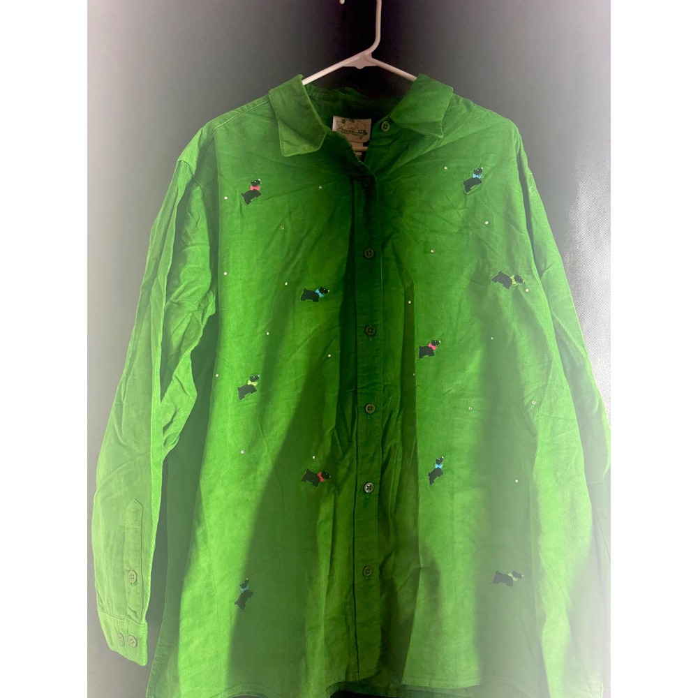Quacker‎ Factory Green Corduroy Scottie Dog Embroidered Button Down Shirt 2X
